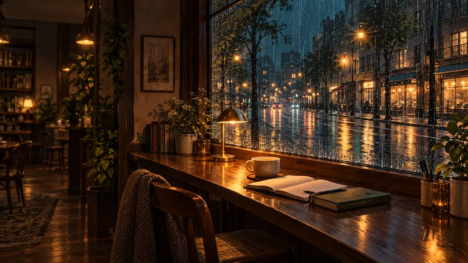 A café window at night with warm lamplight