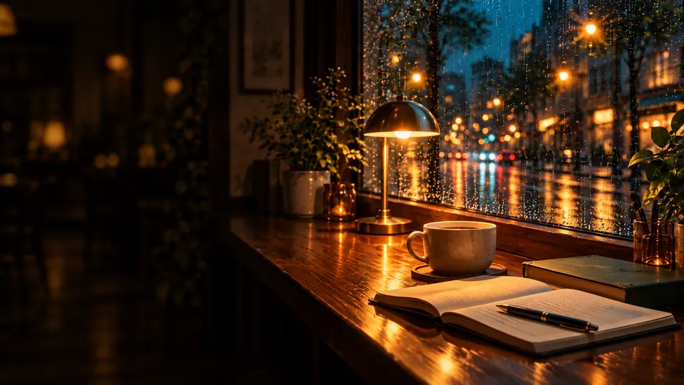 A cup and an open notebook by the window