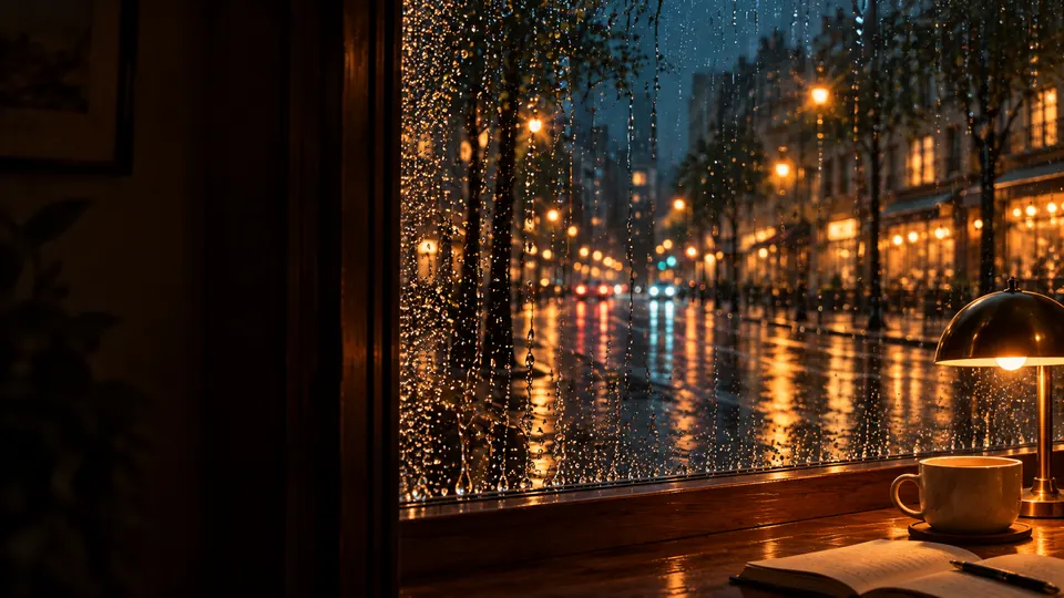 Rain on a window over a lit street